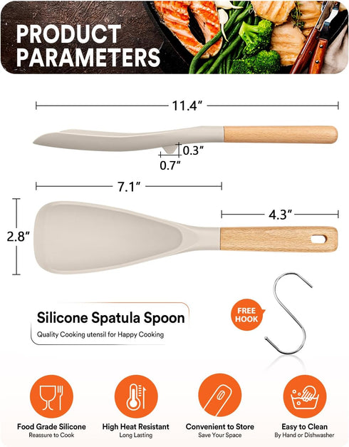 Cooking Spoon for Nonstick Cookwares, Great for Cooking and Serving Durable BPA-Free Matte Silicone, Wood Handle Spoon for Mixing, Scoop, and Scrape (Khaki) by Badiano