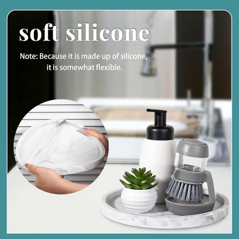 9" Round Bathroom Tray, Decorative Silicone Vanity Tray for Kitchen Countertop Organizer, Marble Grey Decor