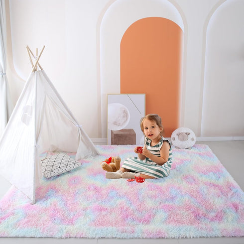 Room,6x9 Fluffy Rainbow Rugs for Girls Bedroom Living Feet Shag Fuzzy Area Rug for Kids Playroom,Pastel Plush Shaggy