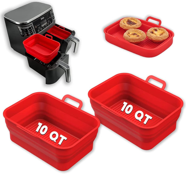 Collapsible 2-Pack Air Fryer Silicone Liners for 10QT NINJA Foodi, Reusable Silicone Pot for Air Fryer Accessories, Red