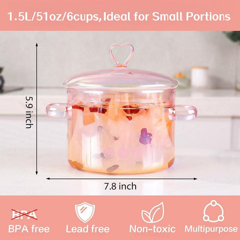 1.5L/51oz/6cups, Pink Glass Pots for Cooking on Stove, Glass Pot, Glass Pots for Cooking, Glass Cooking Pot, Glass Saucepan, Heat Resistant, Simmering, Cooking Pasta Vegetable, Soup, Salad by XCTFWKzK