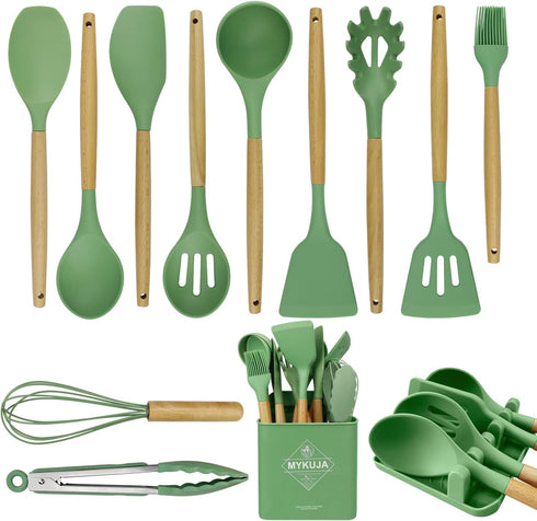 MYKUJA Green Kitchen Cooking Utensils Set - 13 Pcs Heat Resistant Silicone Non-Stick Spatula Set with Holder