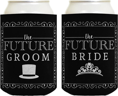 Bridal Shower Gifts 2 Pack Can Coolie Drink Coolers, Future Bride & Groom Wedding Gift, Black