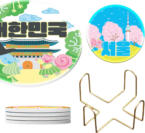 NESOI Set 4, 4.25 Inches, Korea in the Coasters of Korean Home Decor,Traditional Palace and Seoul Tower Theme, Cute
