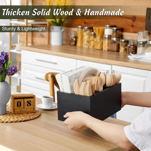 Silverware Caddy, Wooden Utensil Holder, Picnic Cutlery Holder, Black Silverware Holder, Plastic Silverware Caddy for Party, Countertop, Camping