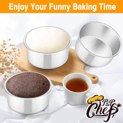 P&P CHEF Set of 4 Cake Pans, Stainless Steel Round Baking Tins for Birthday Wedding, Leak-proof & Easy Clean, 4 Inch.