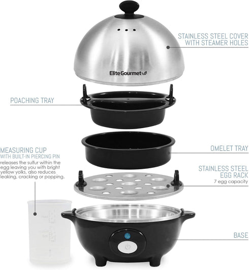 Elite Gourmet EGC-508 Rapid Egg Cooker - 7 Easy-To-Peel Hard, Medium, Soft Boiled Eggs, Poacher, Omelet Maker, Auto