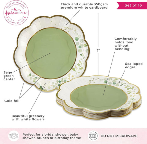 Kate Aspen Sage Green Party Decorations, Eucalyptus Floral Print 7 in. Decorative Paper Plates, Set of 16 for Showers