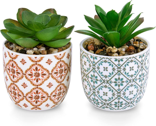 Artificial Plants Succulent Flowers in Ceramic Planter, 2 Pack Small Fake Plants for Home Office Desk Decor