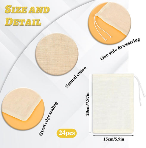24PCS 6x8 Inch Spice Bags for Cooking, Muslin Drawstring Soap Bags Reusable Empty Tea Bags for Loose Tea Sachet Bags Cheese Cloth Bags for Straining