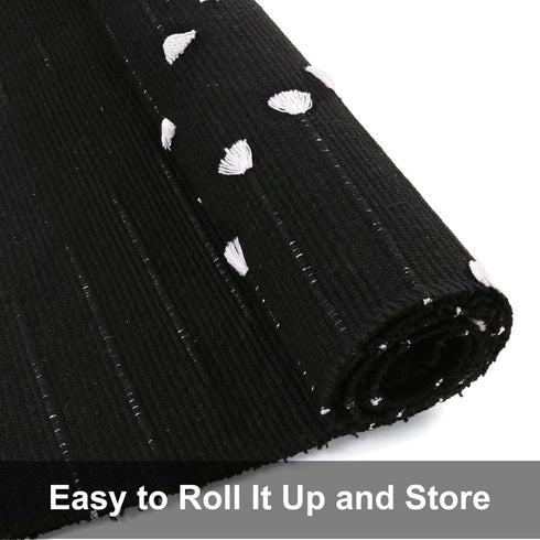 LIVEBOX Boho Bathroom Rug, 2' x 3' Washable Black Moroccan Throw Rug, Cotton Woven Area Rug with Tassel