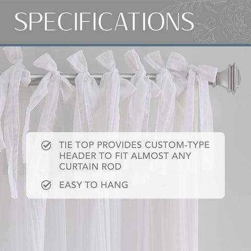 Elrene Home Fashions Jolie Crushed Semi-Sheer Window Curtain, Adjustable Tie-Top Single Panel, 52" x 84", White