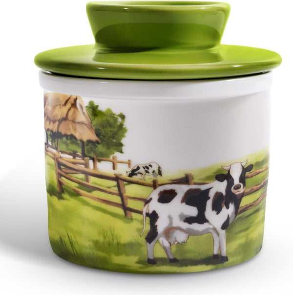 XRBEOU Ceramic Butter Crock With Lid for Countertop, Embossed Cow Butter Holder Container