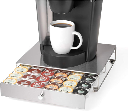 Nifty Coffee Pod Drawer – Stainless-Steel Rolling Drawer for 36 K-Cups, Under Coffee Pot Storage Organizer