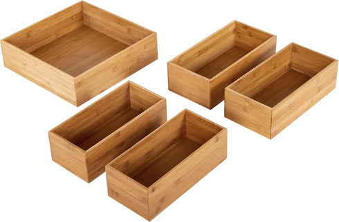 Seville Classics Bamboo Wood Storage Bins - Organizer Boxes for Kitchen, Pantry, Closet, Office (5 Piece 3-Size Set)