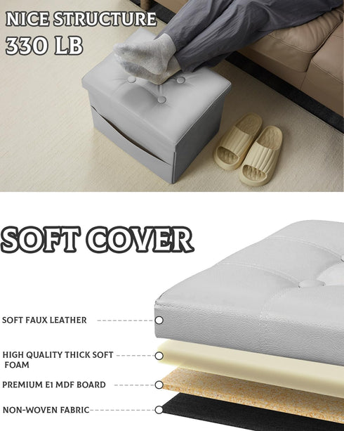 17 Inches Ottoman with Storage Foot Stool, Folding Storage Ottomans, Leather Upholstered Ottoman Foot Rest with Side