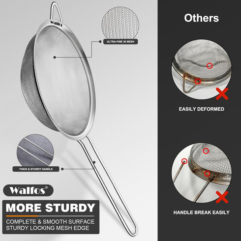 Walfos Fine Mesh Strainers Set, Premium Stainless Steel Colanders and Sifters with Reinforced Frame, Perfect for
