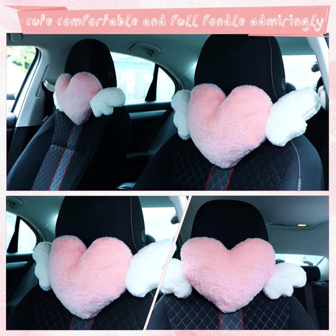 2 19.7 8.3 Inch(White, Macarrie Pcs Plush Heart Shaped Pillow with Angel Wings Car Headrest Soft Comfortable Seat