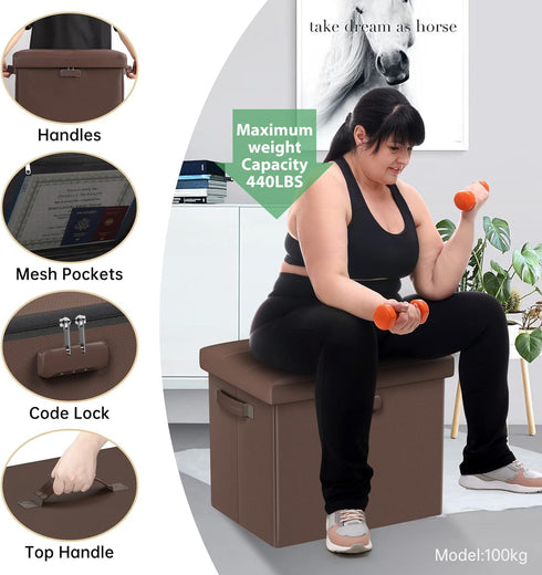 17x13x13in, DocSafe Storage Ottoman Foot Rest Stool with Lock Handle, Fireproof Folding Leather Footstool Bench