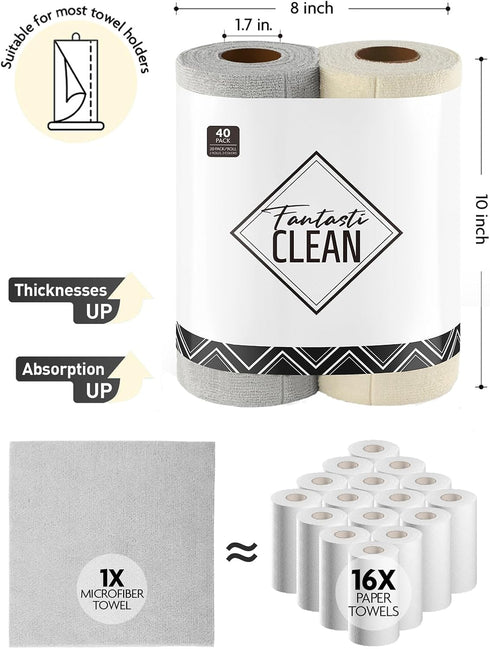 40 10'' 10'', (2 Fantasticlean Tear-Away Dish Cloth - Sheets - by Reusable Washable Kitchen Towel Rolls, Super