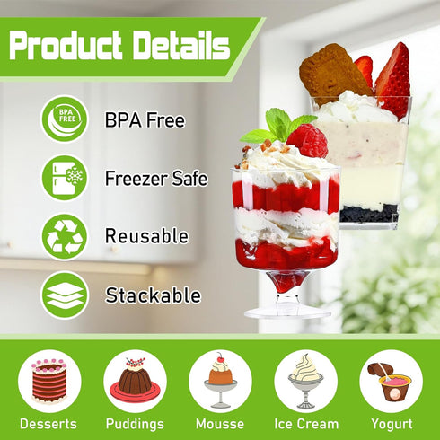 200 Pack 5 oz Plastic Dessert Cups with Spoons, Disposable Goblet Parfait Pudding Jello Shooter Cups for Party Serving