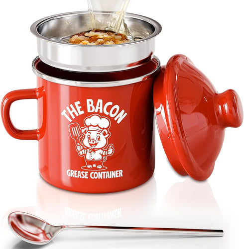 PGYARD Mini Bacon Grease Saver With Strainer - 15OZ Enamel Grease Container,