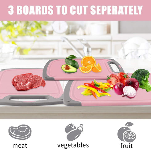 Plastic Chopping Board Set of 4 for Kitchen, Non-Slip Feet, Deep Drip Juice Groove, Dishwasher Safe (Pink/Gray)