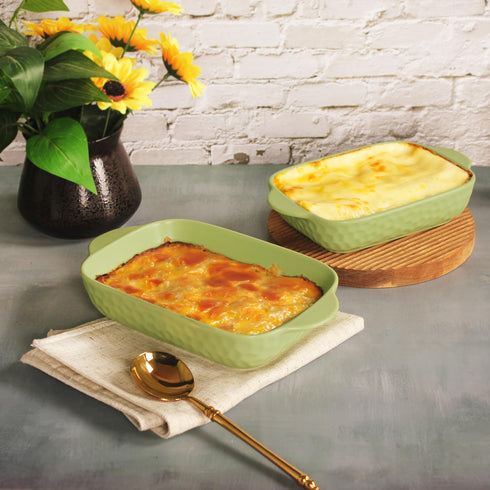 Rectangular Porcelain Baking Dish Set: Au Gratin Dishes, Casserole Dish, Ramekins 21 oz, Set of 2, 9.5" x 5.5" (Green)