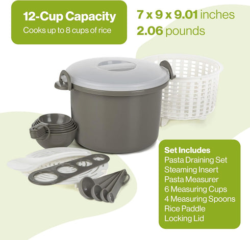 Prep Solutions 17 Piece Set Microwaveable Rice and Pasta Cooker, 12 Cup Capacity with Locking Lid