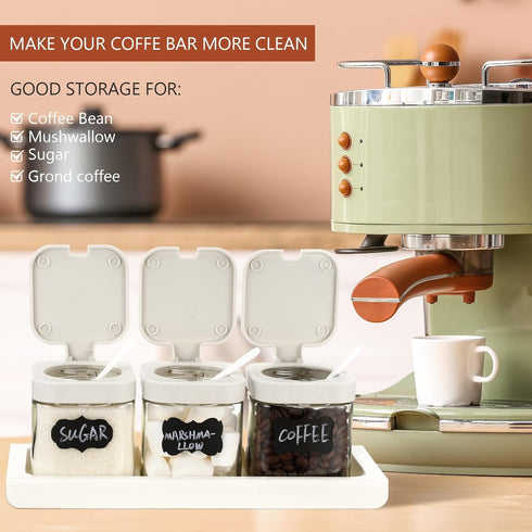 3 Set, Suclain Pcs Glass Coffee Containers Coffee Station Organizer Airtight Bean Storage Jars with Shelf,labels,spoon