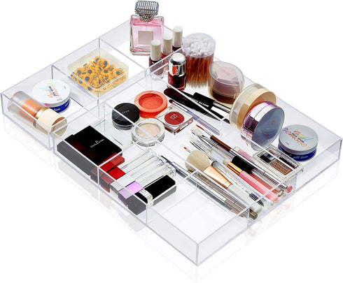 Clear Drawer Organizer, 2 Pieces with 6 Sections & Dividers, Acrylic Makeup Tray for Desk Storage