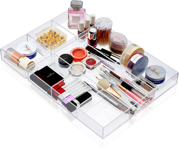 Clear Drawer Organizer, 2 Pieces with 6 Sections & Dividers, Acrylic Makeup Tray for Desk Storage