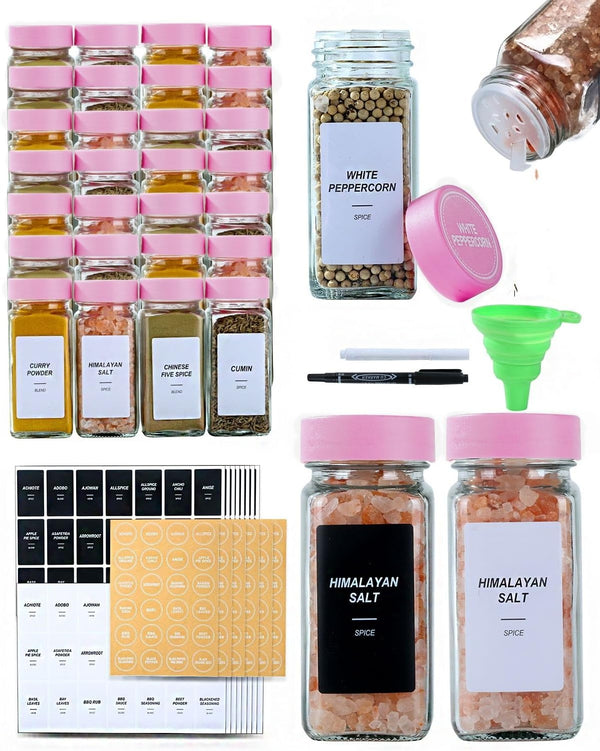 36 Glass Spice Jars with Label-4oz Spice Containers with Pink Lids and
