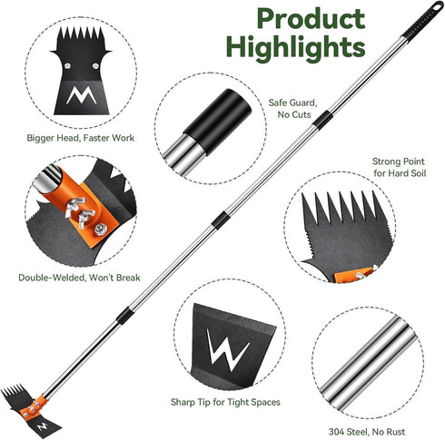 ZORSHUY 4-in-1 Weeding Tool with Hoe, Grabber, Pruning Shears & Scrub Brush,Garden Hoe & Weed Puller Tool with Long