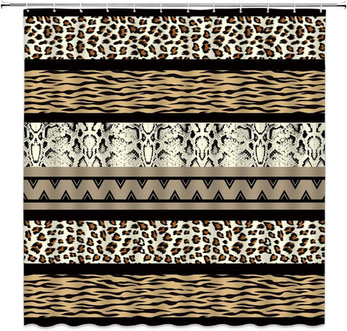 Brown Leopard Print Shower Curtain, 70x70 Inch, Geometric Stripes Patchwork Creative Art Bathroom Decor with Hooks