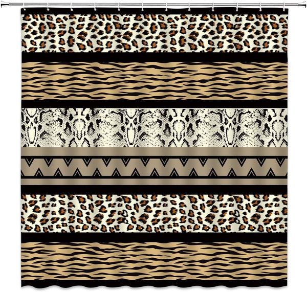 Brown Leopard Print Shower Curtain, 70x70 Inch, Geometric Stripes Patchwork Creative Art Bathroom Decor with Hooks