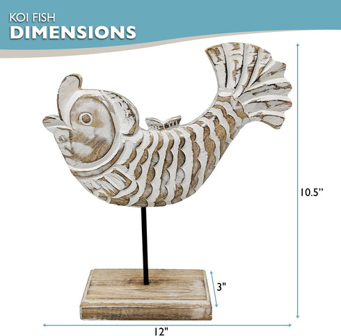 Wooden Fish Lake House Decor, Handmade Beach Decoration on Base Stand for Shelves, Table, Office, Living Room (Koi Fish)