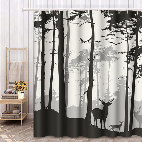 Decorative Shower Curtain, Silhouette of Pine Forest Family Deer and Birds, Brown 72"x78" Waterproof Bathroom Set with
