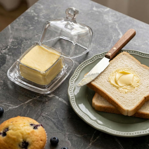 2 Pack ZOOFOX Glass Butter Dish, Small Glass Butter Keeper with Lid and Easy Grip Handle, Clear Butter Serving Storage