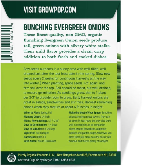 Purely Organic Products LLC 200 Organic Onion Seeds (Bunching Evergreen) - Approx Seeds - USDA Organic, Non-GMO, Open