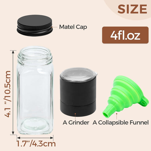 ComSaf 15Pcs 4oz Glass Spice Jars with Metal Lids, 93 Labels, Funnel, Grinder, Shaker Cap for Kitchen