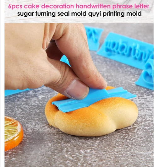 Fdit 6Pcs Words Cake Mould DIY Handwritten Letter Printed Stamp Mould Bakery Supplies Blue Baking Cake Stamp Tools