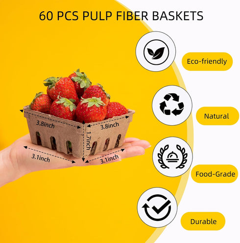 60 Pack 1/2 PARBEE Pulp Fiber Berry Basket, Pint Vented Containers for Strawberry Blueberry Raspberry Grape Cherry