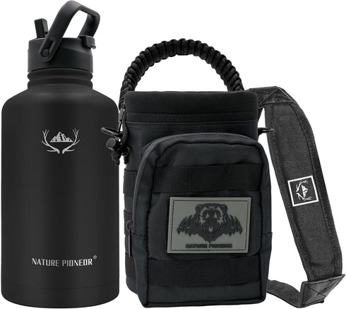 NATURE PIONEOR Tactical Water Bottle, Stainless Steel 18/8 Food Grade Half Gallon Jug with Carrying Molle Sleeve
