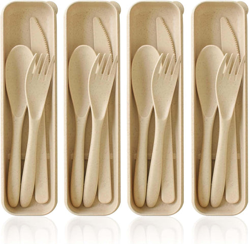 4 Pack Travel Utensil Set with Case, Wheat Straw Reusable Tableware for Camping