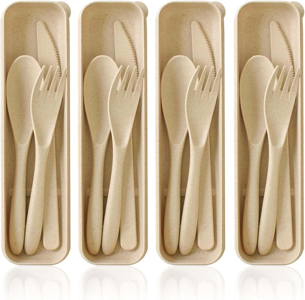 4 Pack Travel Utensil Set with Case, Wheat Straw Reusable Tableware for Camping