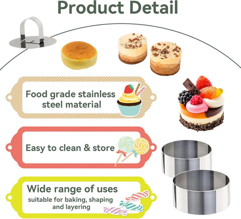 Uncle Jack 4 Pieces Round Cake Ring Molds - Stainless Steel Cake Ring Mold with Pusher for Baking Pastry, Mousse