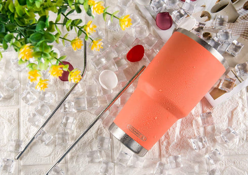 D·S 30oz Orange Tumbler, Stainless Steel Insulated Travel Mug with Straw Lid and Cleaning Brush