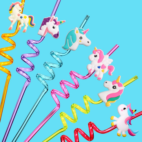 24 Reusable Unicorn Drinking Plastic Straws + 6 Temporary Tattoos for Girls, Birthday Party Supplies