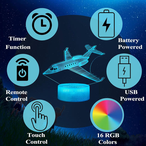 3D 16 Airplane Night Light, Plane Gifts, Aviation Illusion Night Light with Colors Changing, Remote Control with Timer